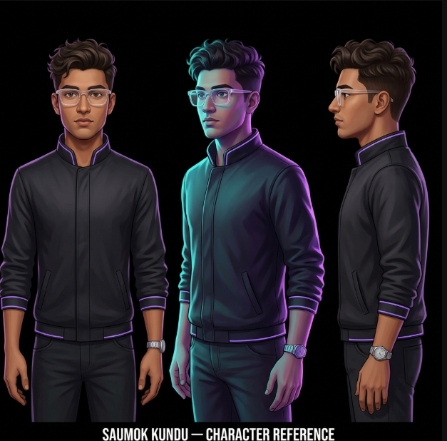 Saumok Kundu — 3-view character reference render